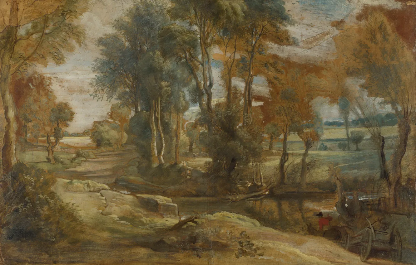 Photo wallpaper landscape, picture, Peter Paul Rubens, Peter Paul Rubens, A Wagon fording a Stream