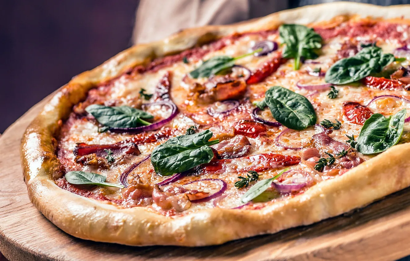 Photo wallpaper Board, cheese, vegetables, pizza, sausage, filling