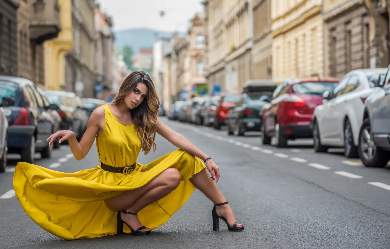 Photo wallpaper road, auto, look, girl, pose, street, dress, heels