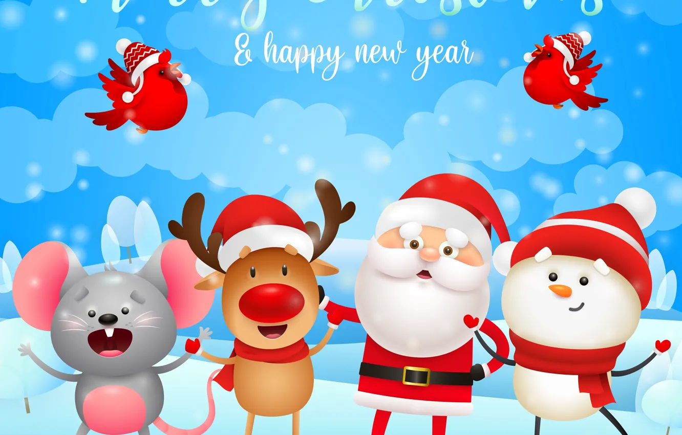 Photo wallpaper snow, smile, new year, deer, mouse, Christmas, snowman, Santa Claus