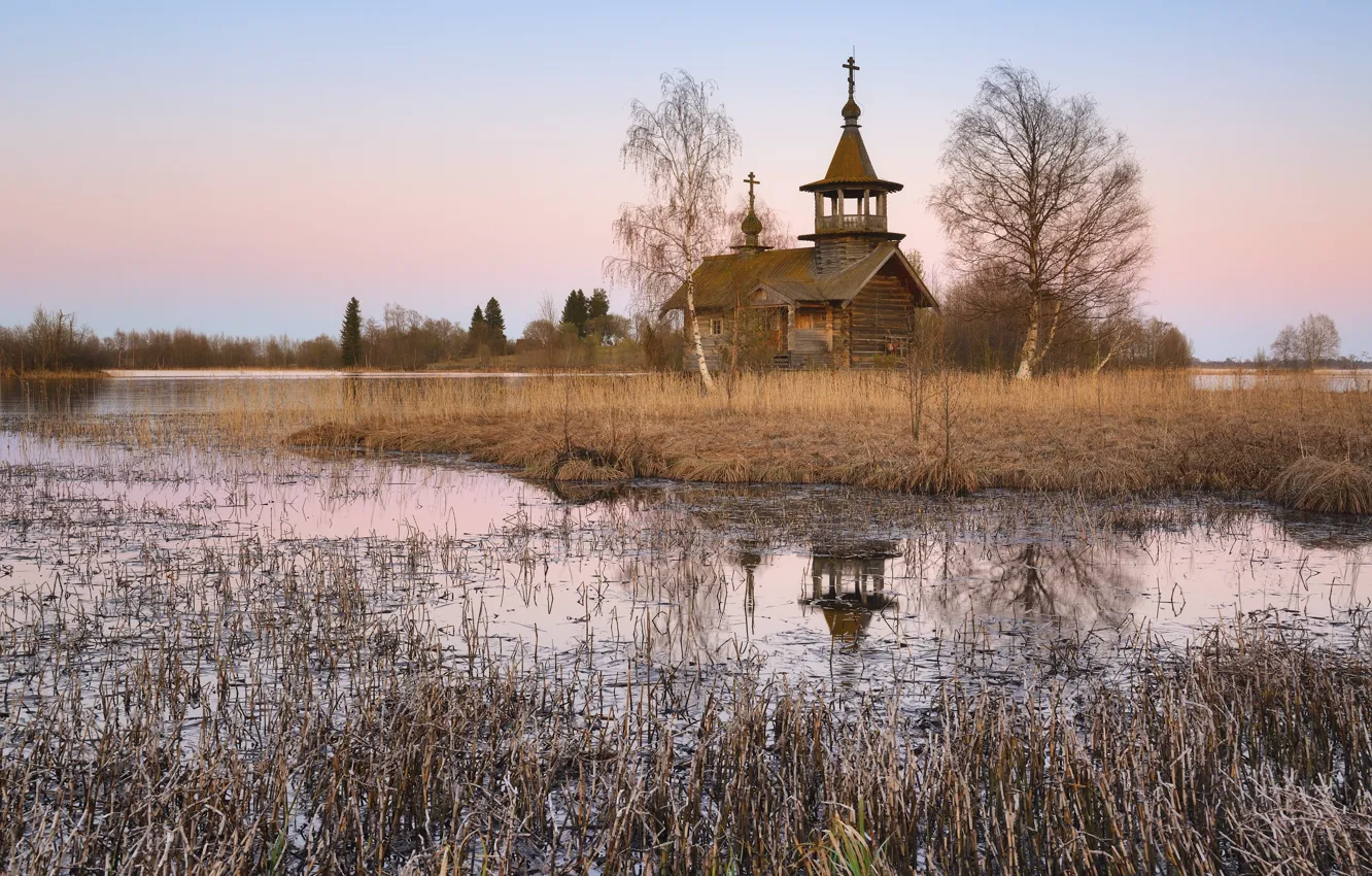 Photo wallpaper autumn, reflection, shore, spring, Church, temple, Russia, pond