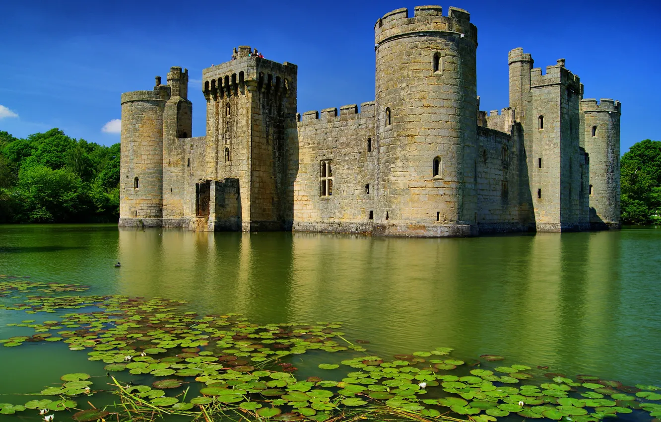 Photo wallpaper England, The sky, Water, Lake, Trees, Forest, Castle, Summer