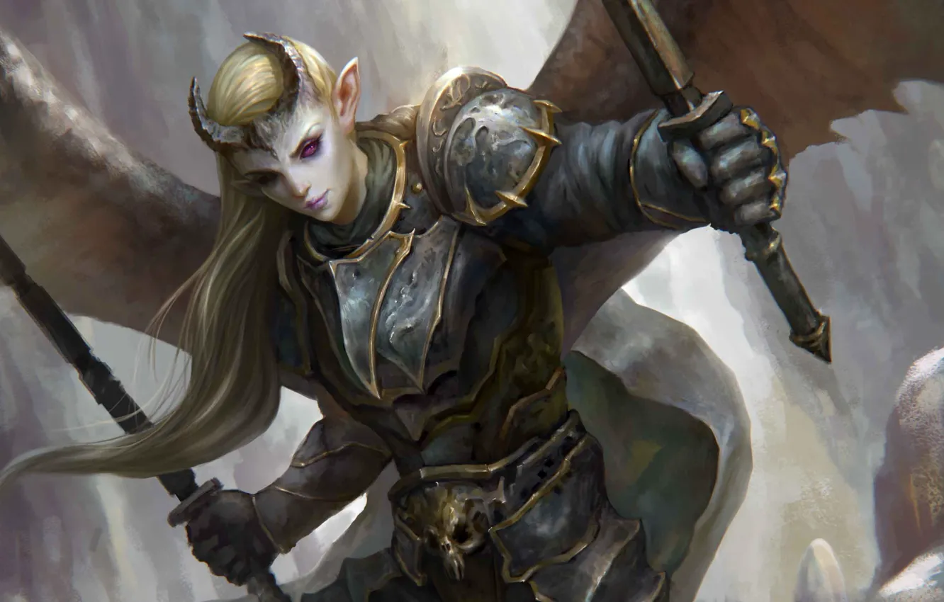 Photo wallpaper girl, weapons, wings, the demon, art, horns, cloak