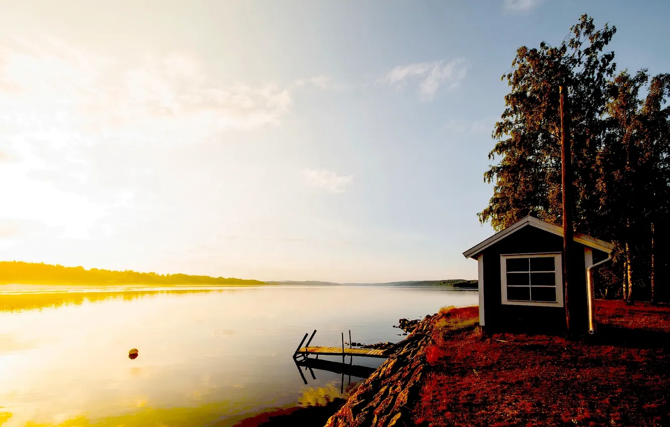 Photo wallpaper forest, lake, house