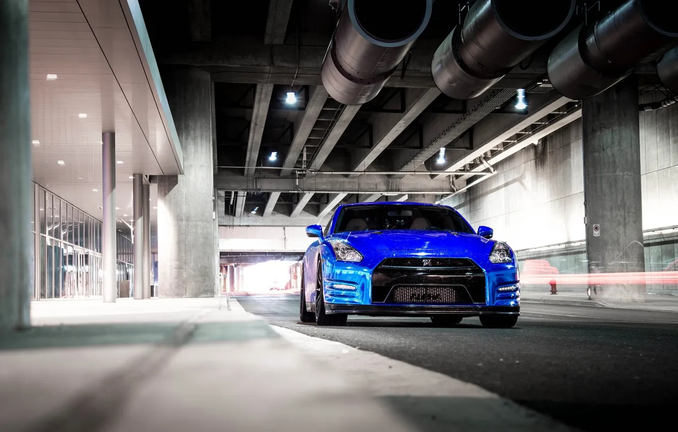 Photo wallpaper road, blue, Nissan, GT-R, Nissan, blue, the front, R35