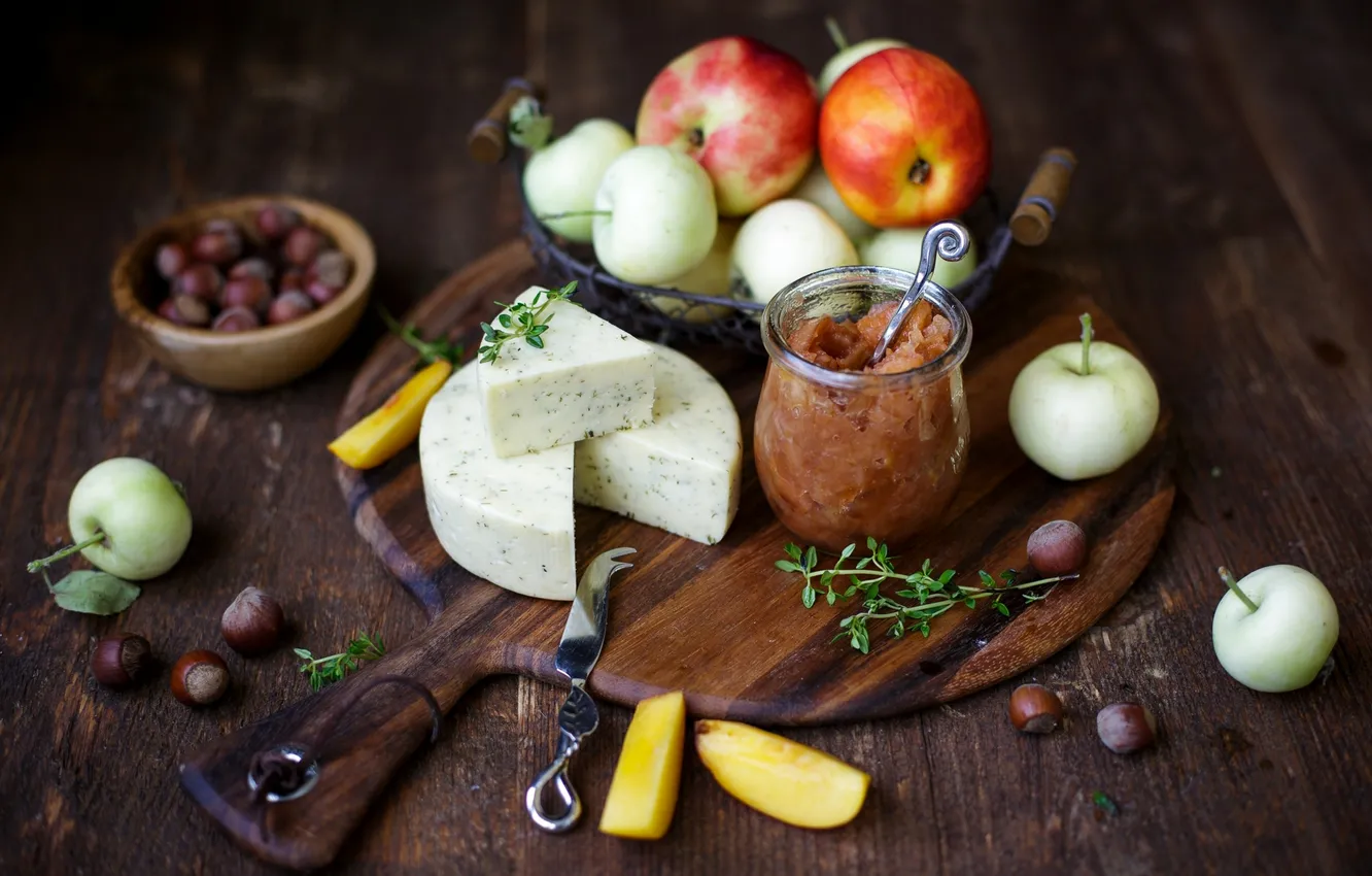 Photo wallpaper apples, food, cheese, jars, fruit, nuts, jam, forest