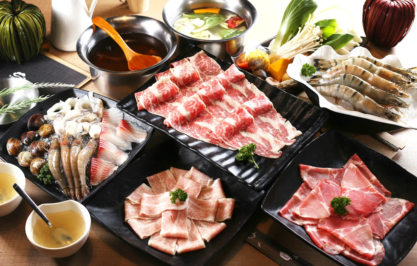 Photo wallpaper soup, meat, sauce, dish, shrimp, seafood, Japanese cuisine, cuts