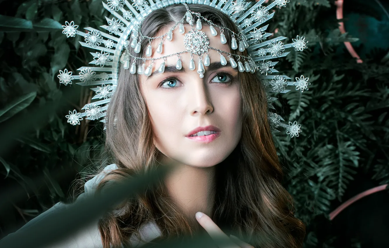 Photo wallpaper look, leaves, girl, decoration, face, style, plant, portrait