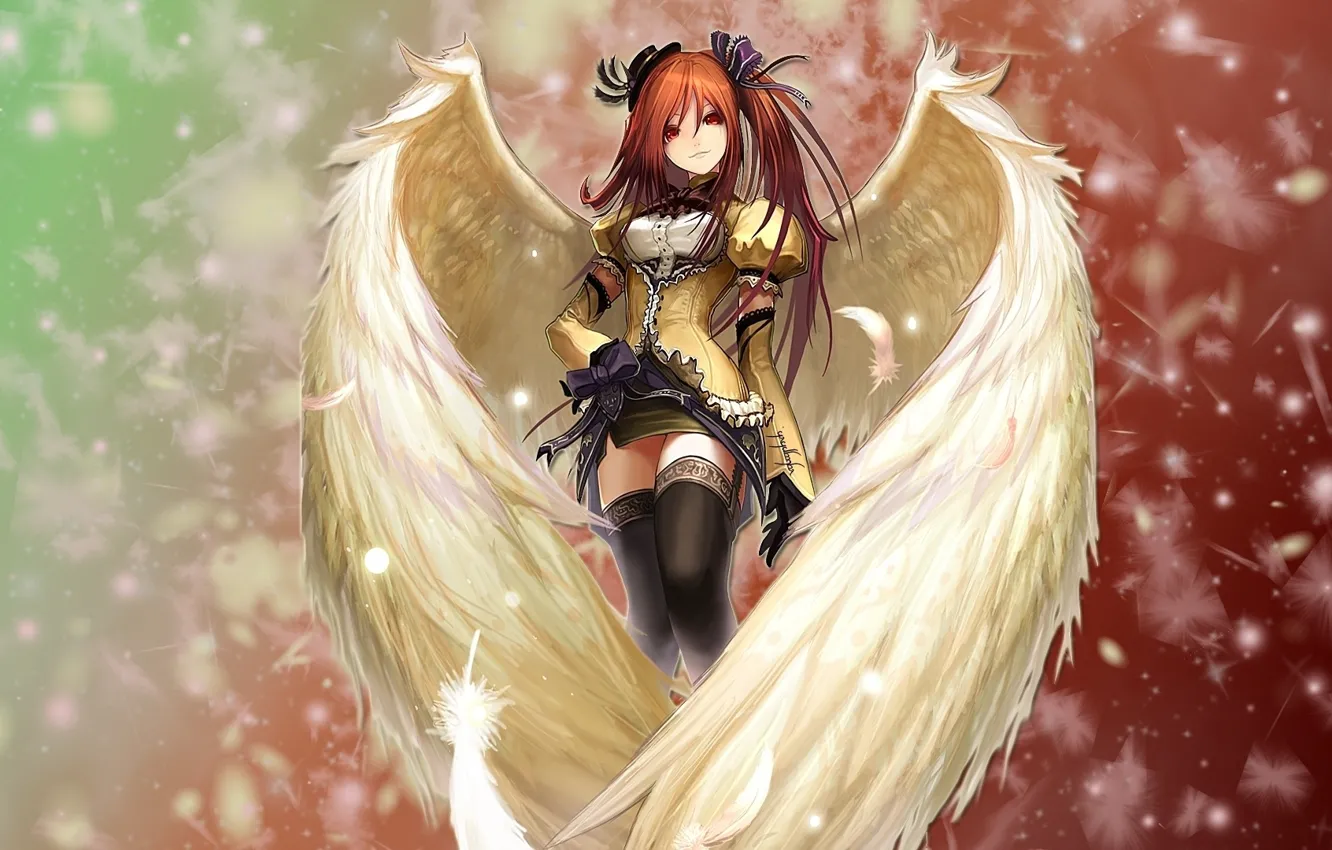 Photo wallpaper lights, Girl, wings, angel, feathers, red
