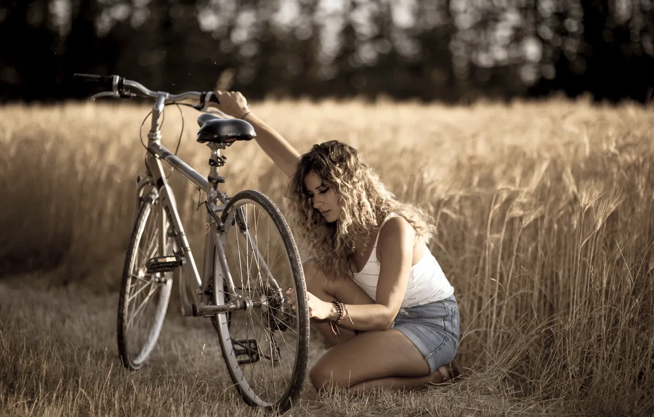 Photo wallpaper road, summer, girl, bike