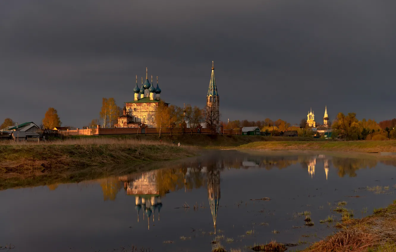Photo wallpaper landscape, clouds, nature, reflection, river, temple, the bell tower, Dunilovo