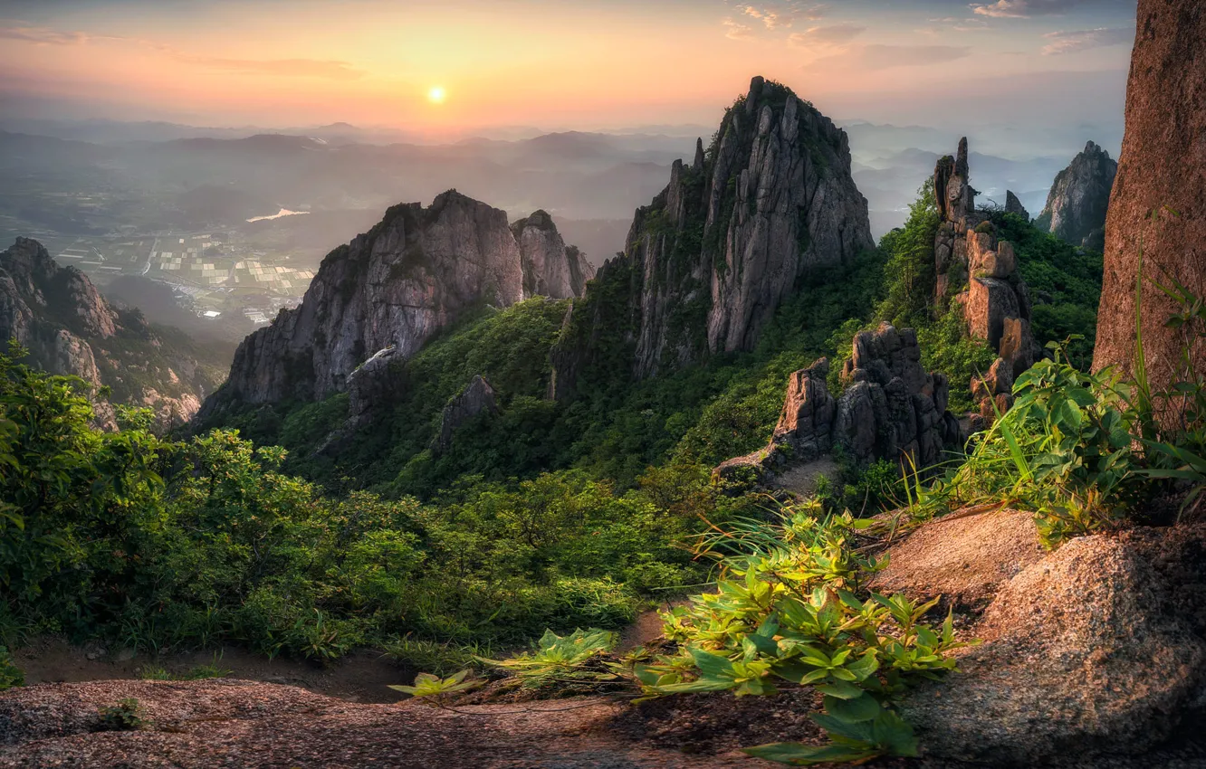 Photo wallpaper greens, the sky, clouds, mountains, fog, stones, rocks, dawn