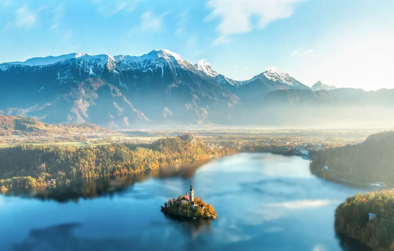 Photo wallpaper mountains, lake, haze, Slovenia, Lake Bled, Slovenia