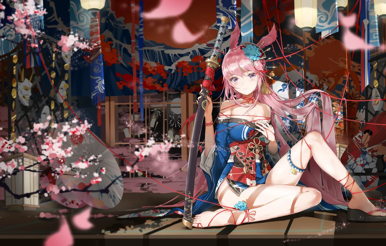Photo wallpaper weapons, sword, anime, fabric, Mei, ears, beautiful girl, big Breasts