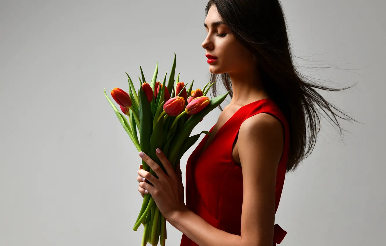 Photo wallpaper flowers, background, bouquet, makeup, dress, brunette, hairstyle, tulips
