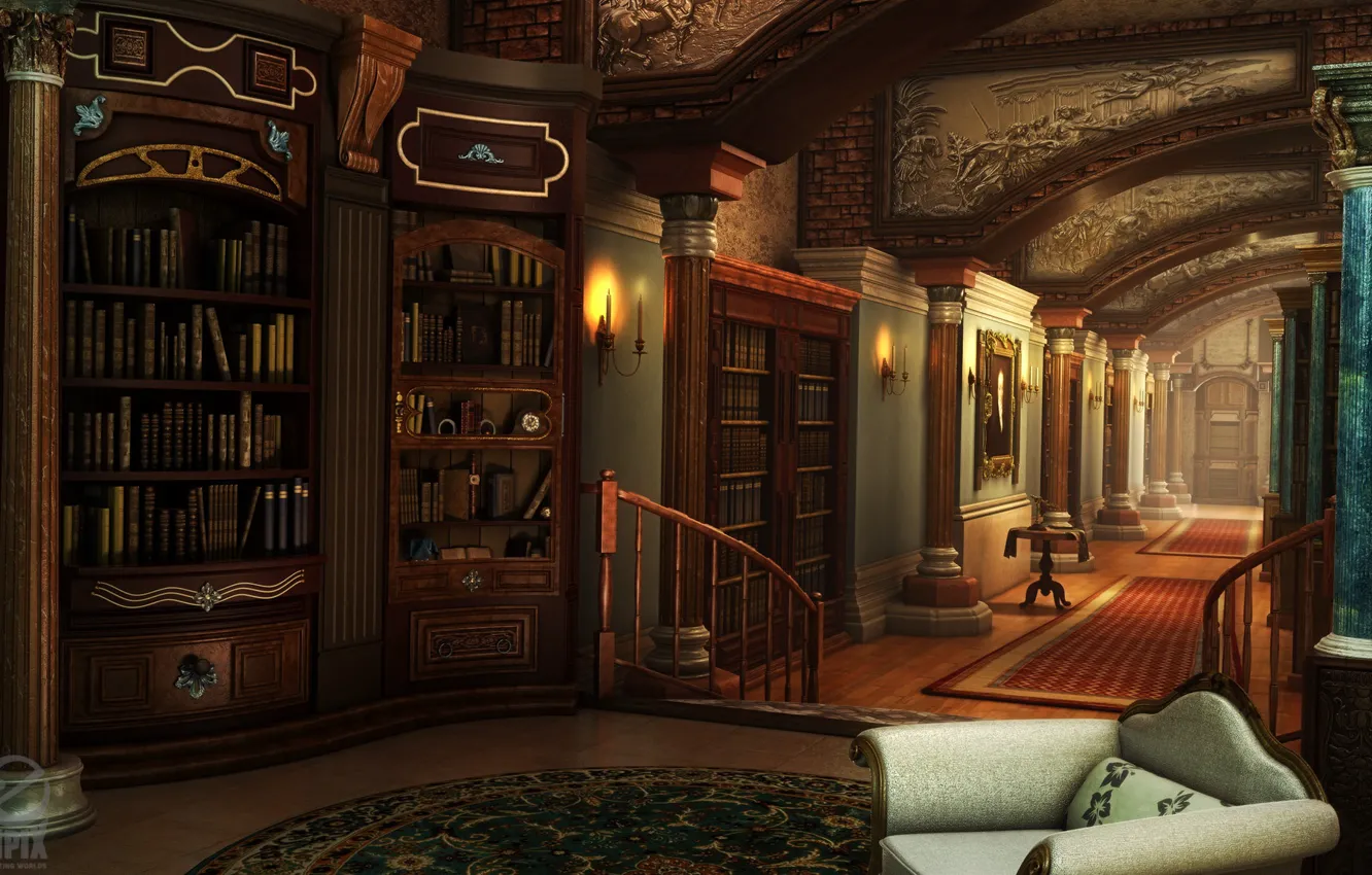 Photo wallpaper furniture, corridor, columns, library, HOPA scenes
