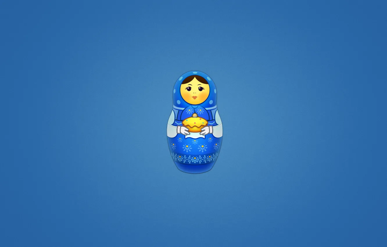 Photo wallpaper minimalism, blue background, cakes, matryoshka, Matrona, painted doll