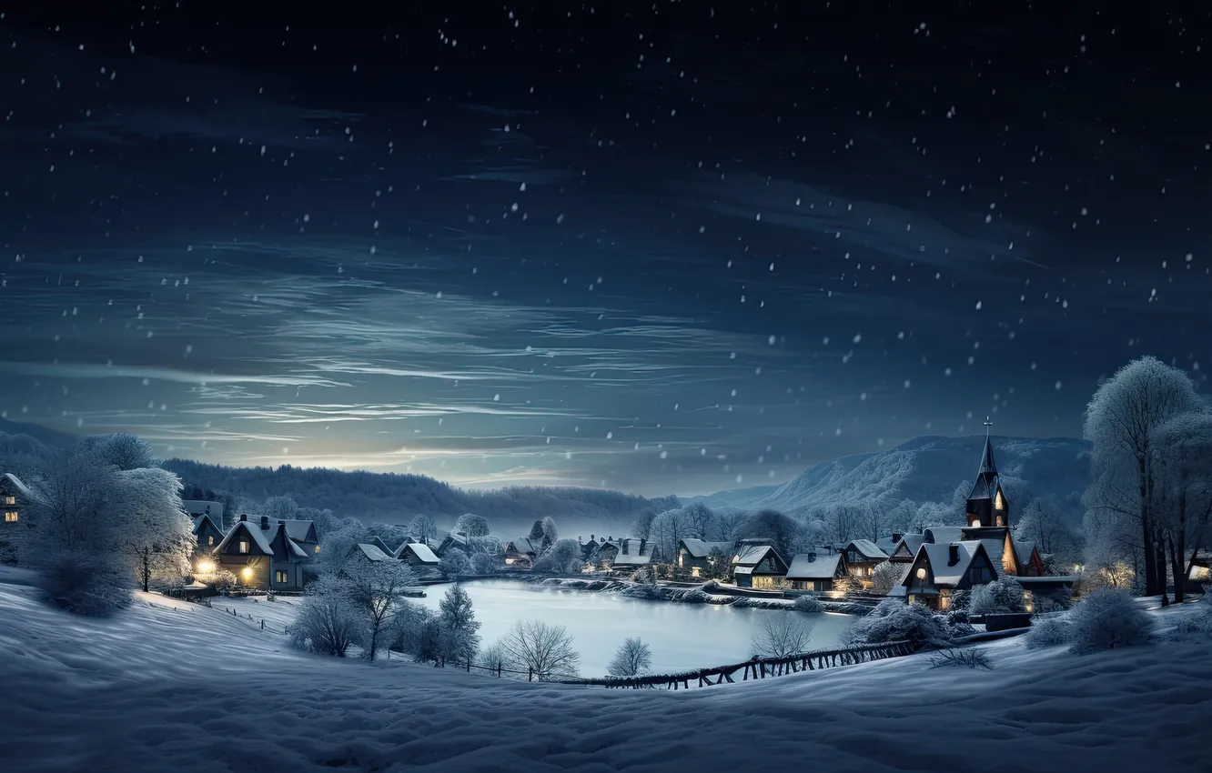 Photo wallpaper winter, snow, village, house, house, hut, winter, snow