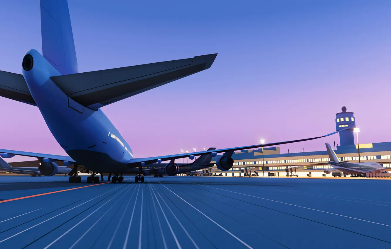 Photo wallpaper Night, The plane, Liner, Board, Airport, 80s, Render, Night