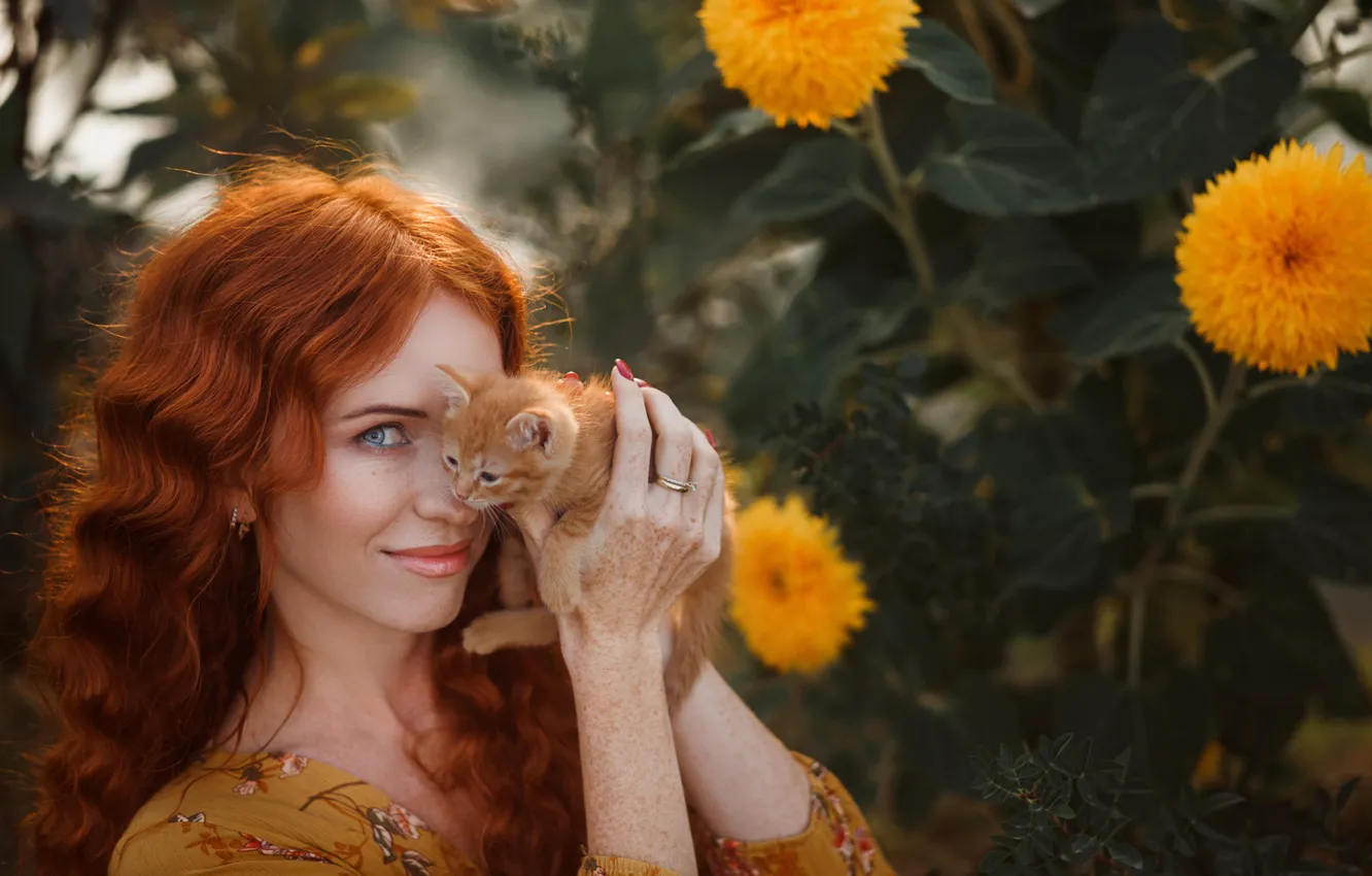 Photo wallpaper look, girl, sunflowers, face, smile, kitty, baby, red
