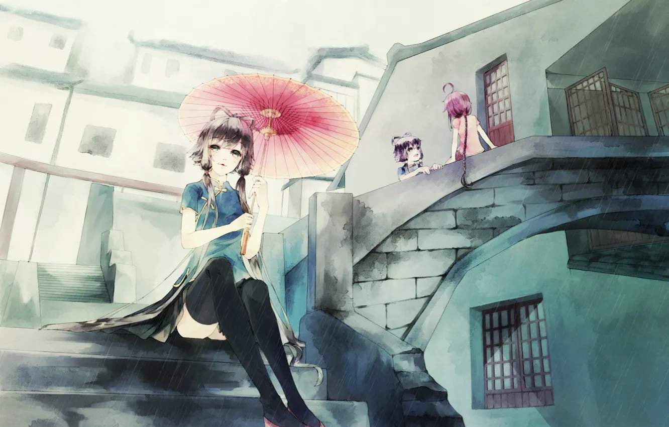 Photo wallpaper girls, rain, umbrella, anime, art, ladder, vocaloid, anna