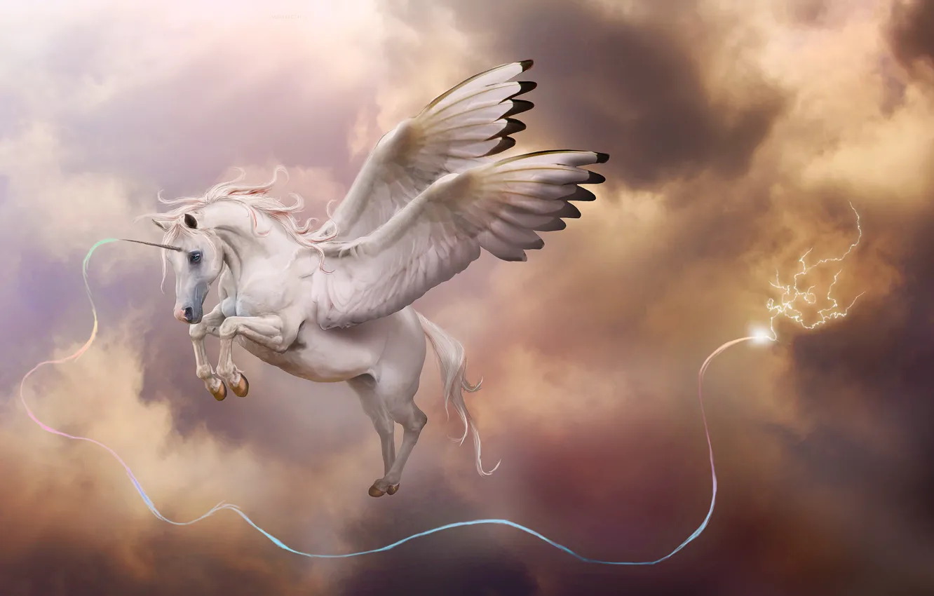 Photo wallpaper the storm, clouds, magic, lightning, wings, art, unicorn, horns