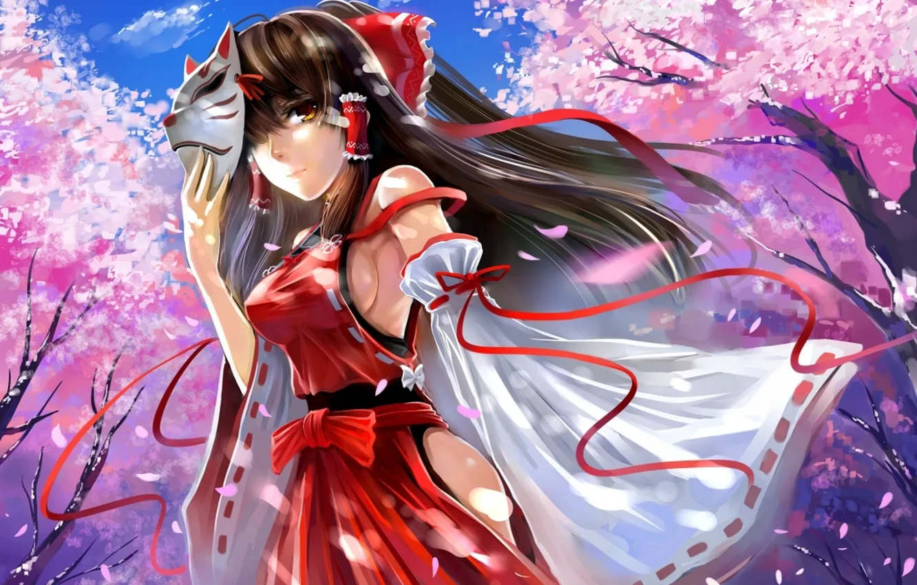 Photo wallpaper girl, trees, petals, Sakura, mask, art, touhou, hakurei reimu