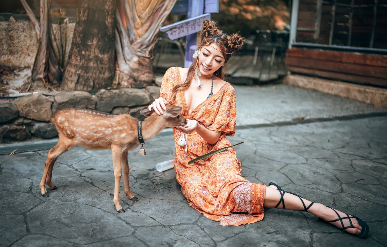 Photo wallpaper joy, smile, friendship, neckline, Asian, cosplay, fawn, cute girl