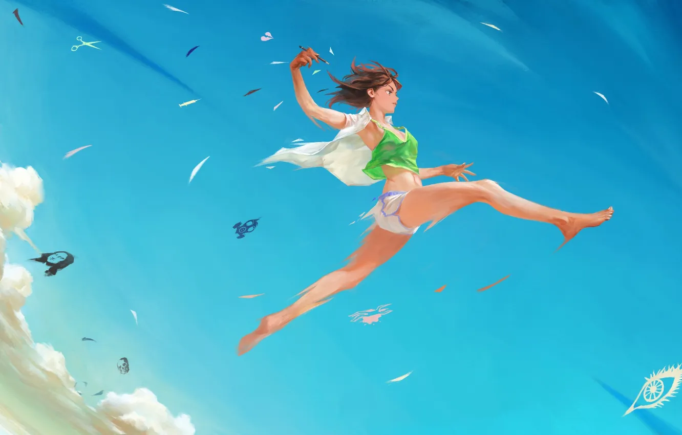 Photo wallpaper the sky, girl, jump, pencils, art, Nababa