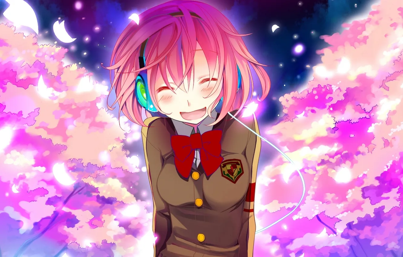 Photo wallpaper girl, joy, wire, petals, headphones, Sakura, art, form