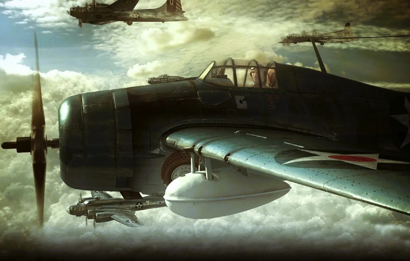 Photo wallpaper the sky, clouds, flight, the plane, Battlestations Midway