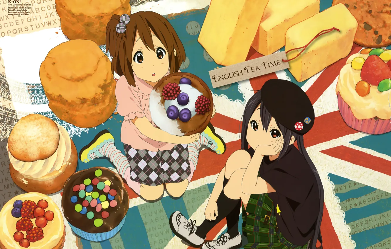 Photo wallpaper berries, sweets, k-on!, takes, friend, eclairs, Azusa Nakano, Yui Hirasawa