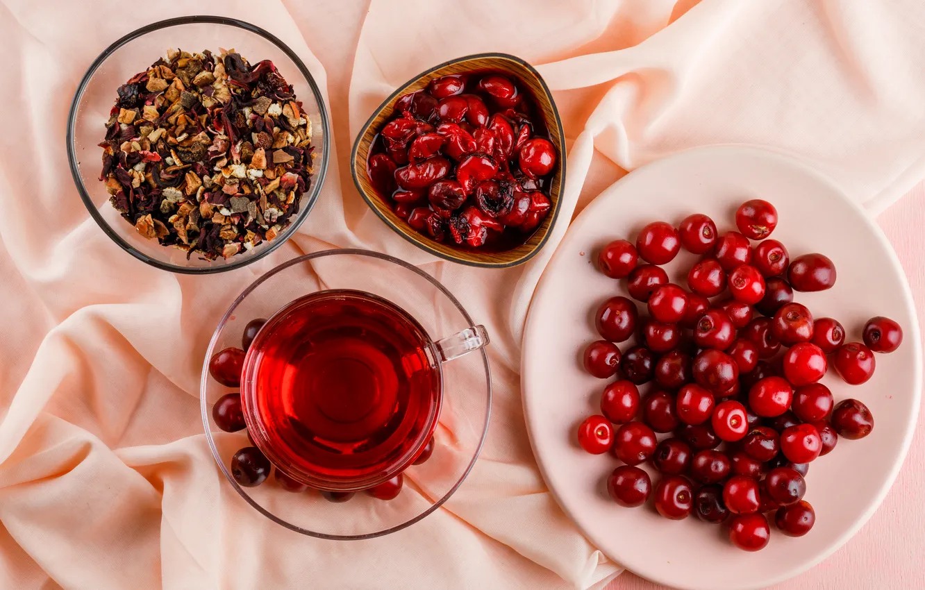 Photo wallpaper glass, red, berries, tea, kettle, plate, Cup, fabric