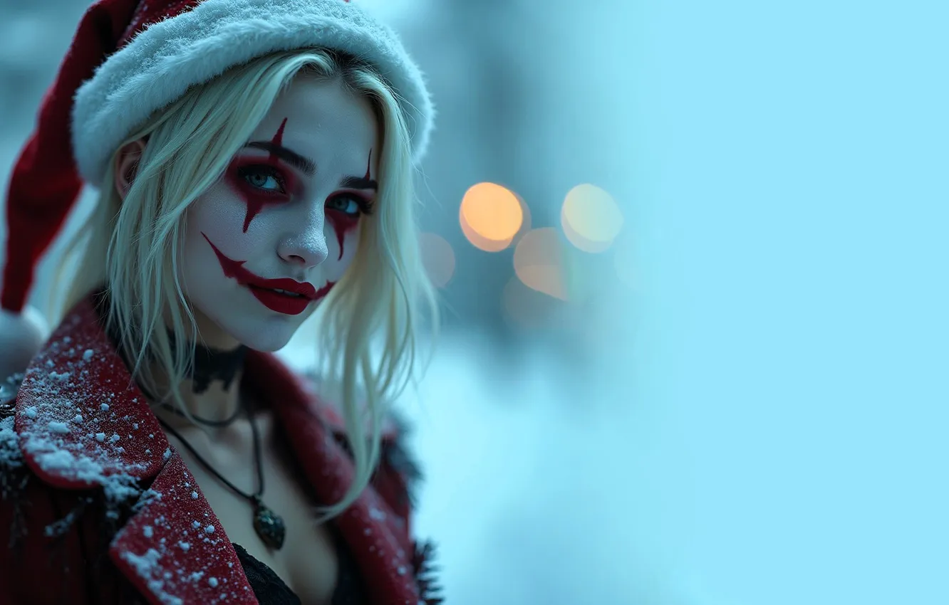 Photo wallpaper girl, snow, face, lights, Joker, hat, new year, makeup
