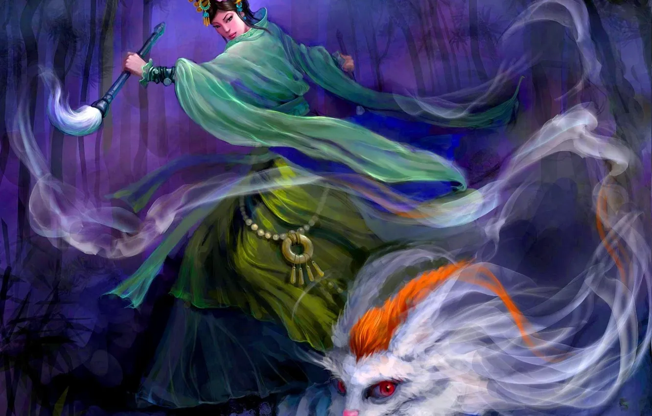 Photo wallpaper forest, girl, night, magic, the witch