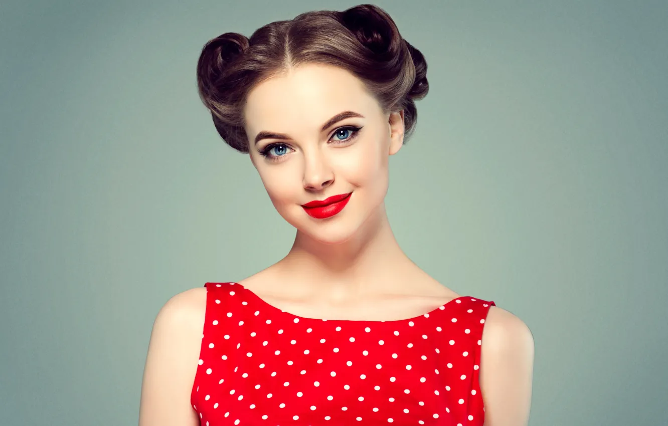 Photo wallpaper girl, face, style, retro, red, model, hair, makeup