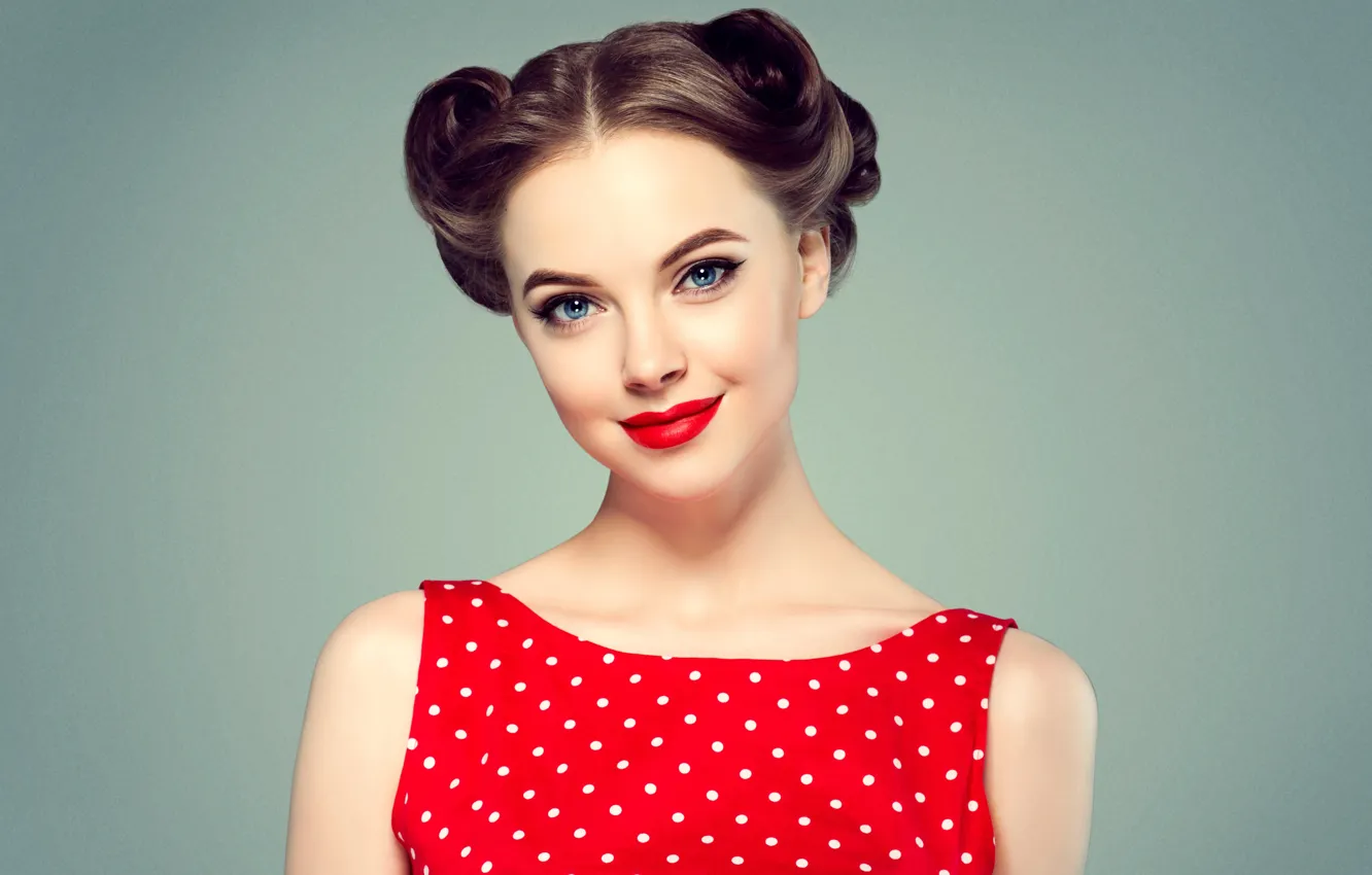 Photo wallpaper girl, red, face, style, retro, model, hair, makeup