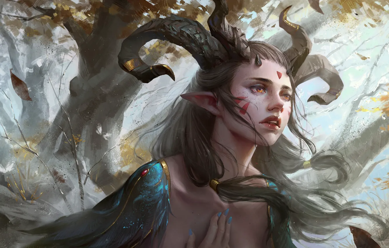 Photo wallpaper fantasy, magic, horns, trees, feathers, leaves, face, painting