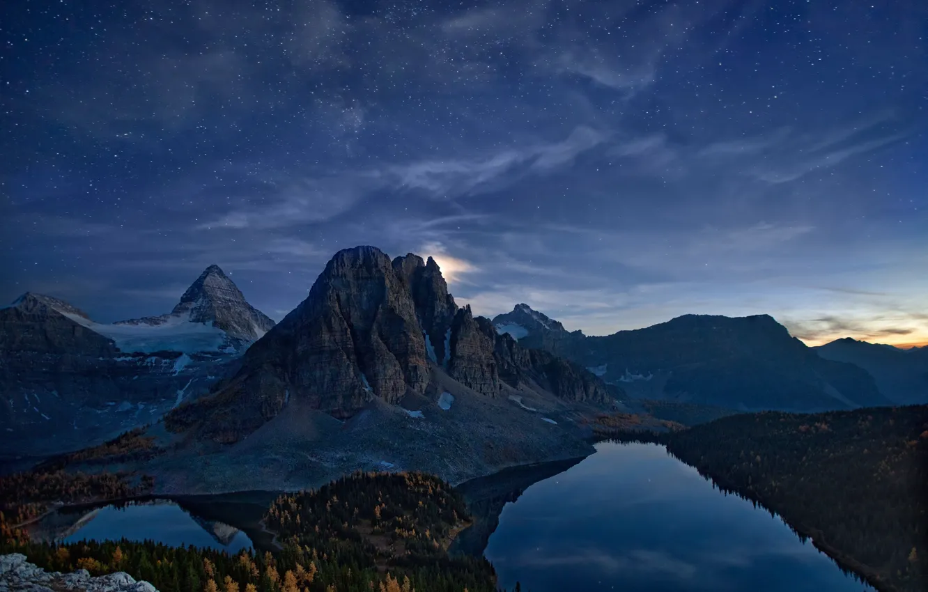 Photo wallpaper autumn, the sky, stars, mountains, night, rocks, Canada, lake