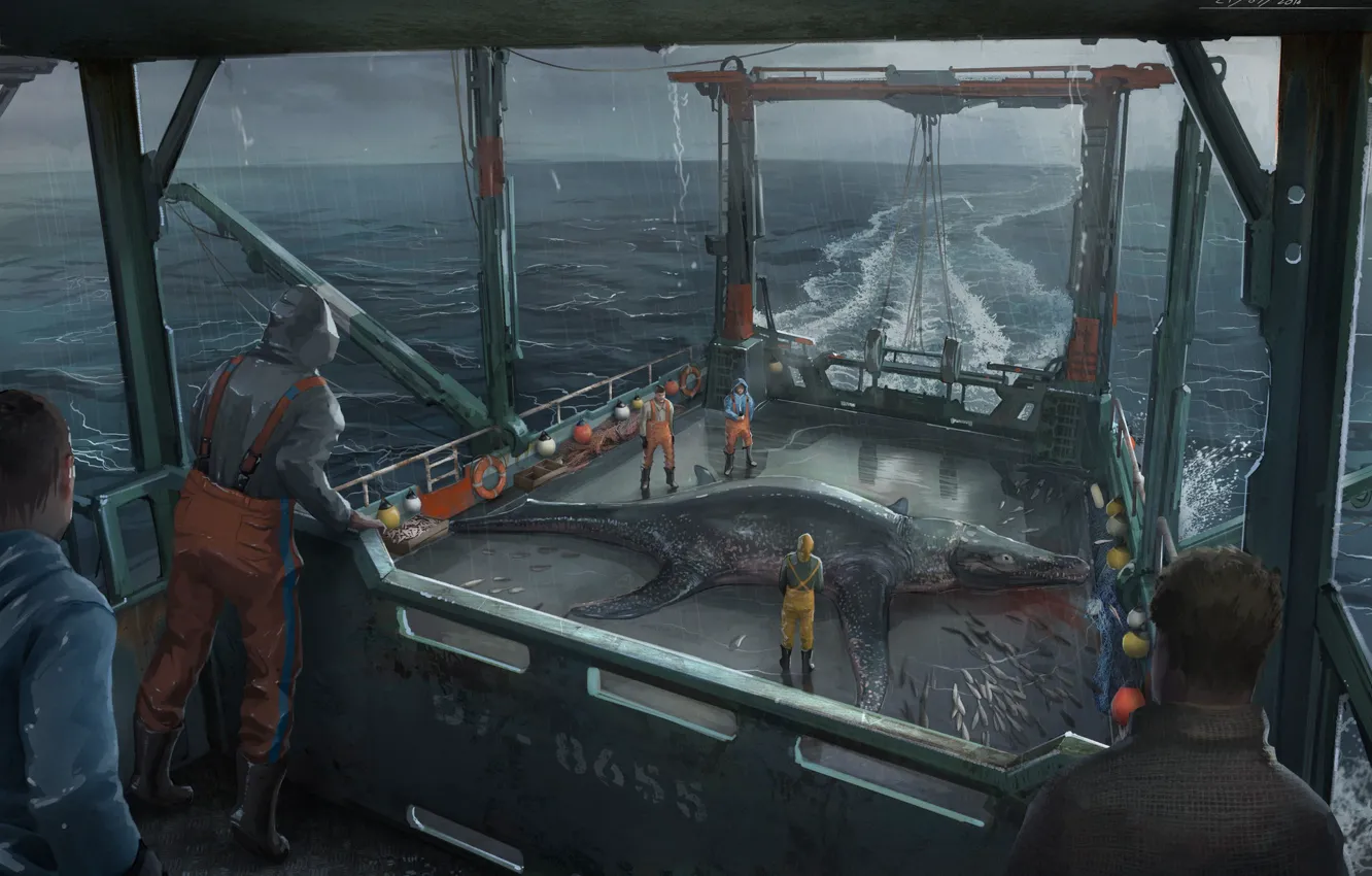 Photo wallpaper people, monster, the ship, fishing, hauled up corrected, Hauled up Sea Beasts