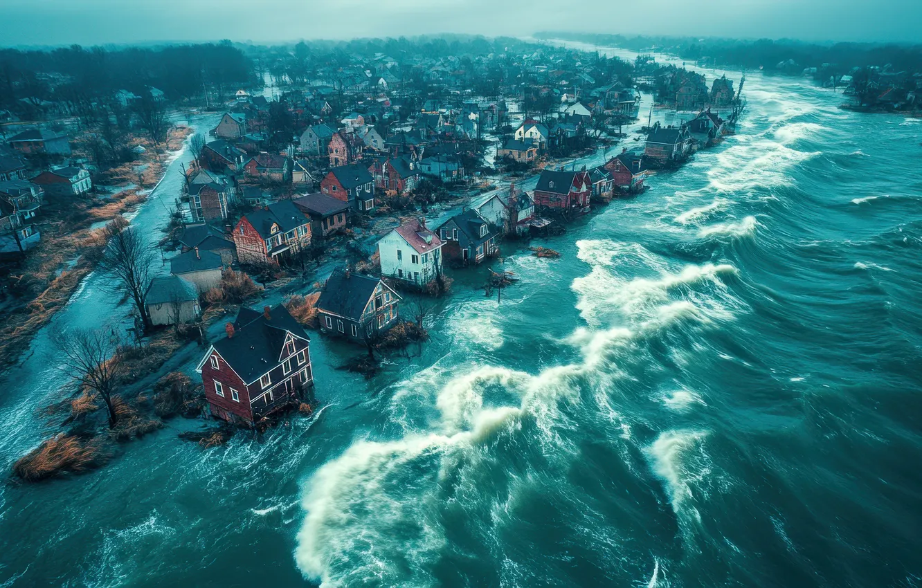 Photo wallpaper sea, wave, storm, the ocean, element, shore, tsunami, destruction