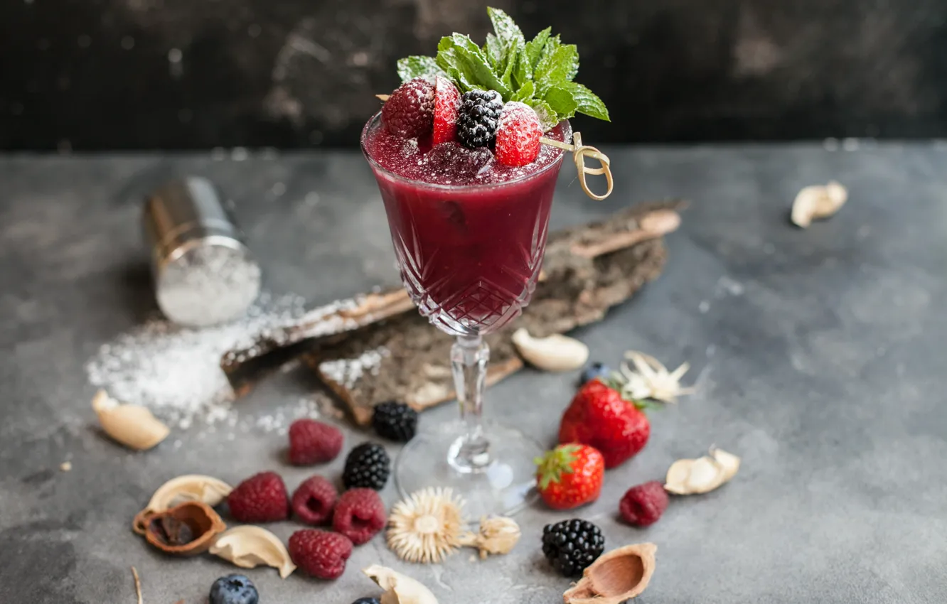 Photo wallpaper berries, raspberry, cocktail, drink, mint, BlackBerry, powdered sugar