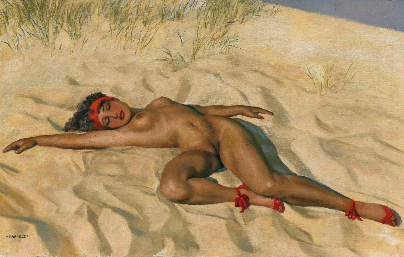 Photo wallpaper Sand, Beach, Girl, Picture, Naked, Painting, French artist, Marcel Rene von Herrfeldt