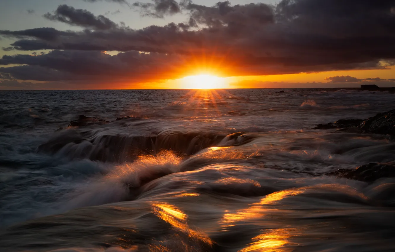 Photo wallpaper sea, wave, the sun, rays, sunset, clouds, the evening, horizon