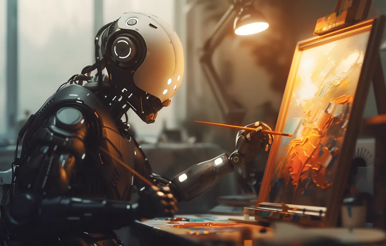 Photo wallpaper paint, robot, picture, brush, canvas