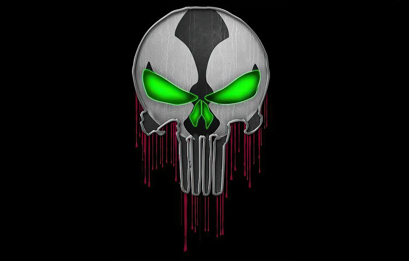 Photo wallpaper skull, logo, sake, logo, black background, black background, spawn, Green glow