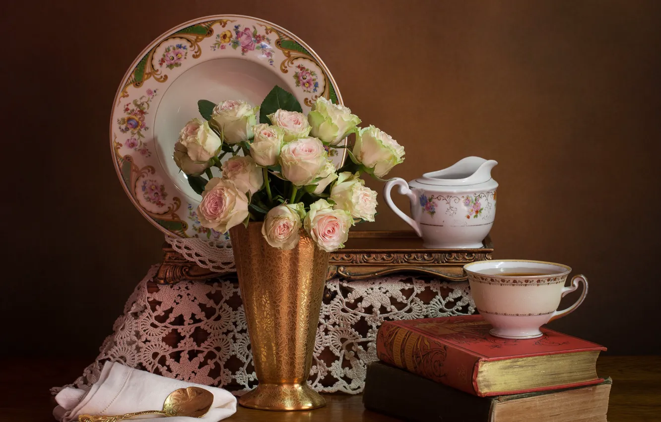 Photo wallpaper flowers, style, background, books, roses, bouquet, plate, Cup