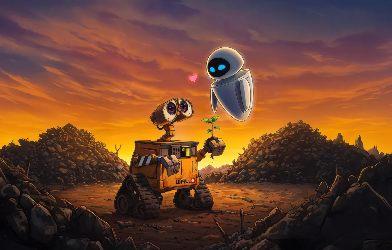 Photo wallpaper flower, cartoon, robots, art, EVE, WALL·E, WALL·AND