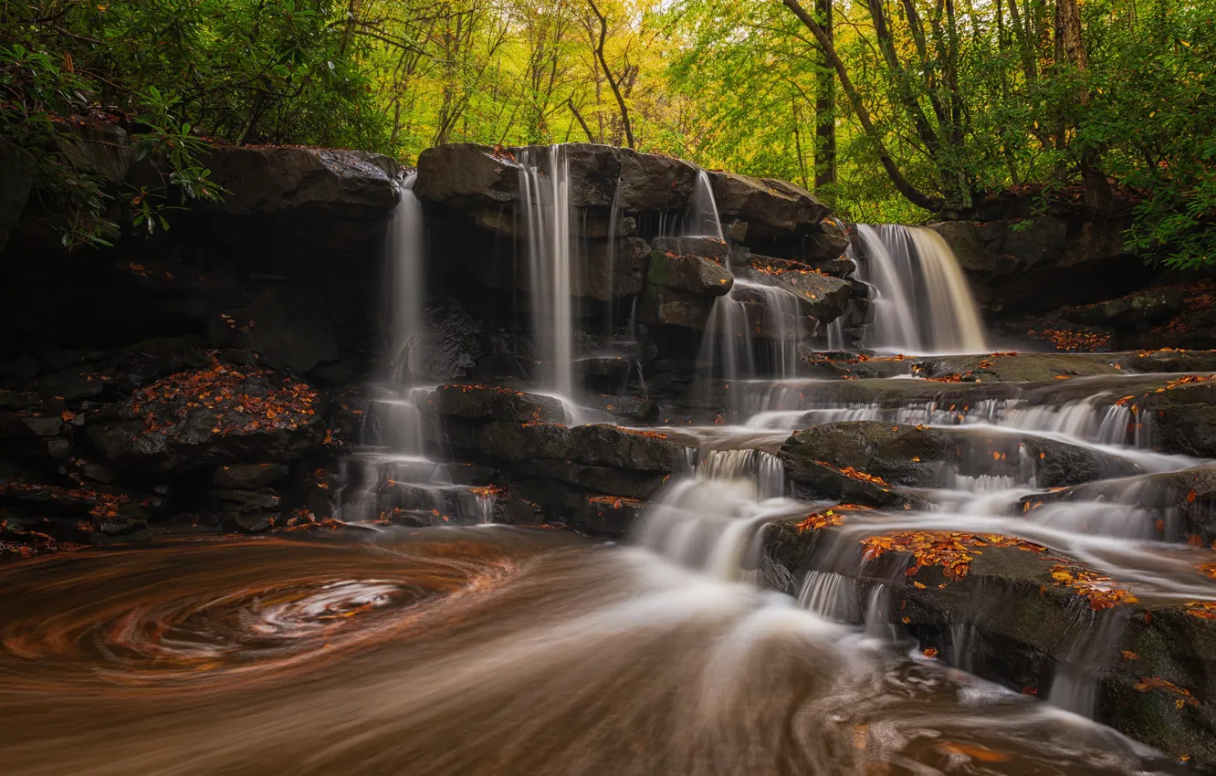 Photo wallpaper autumn, forest, leaves, trees, stones, rocks, waterfall, funnel