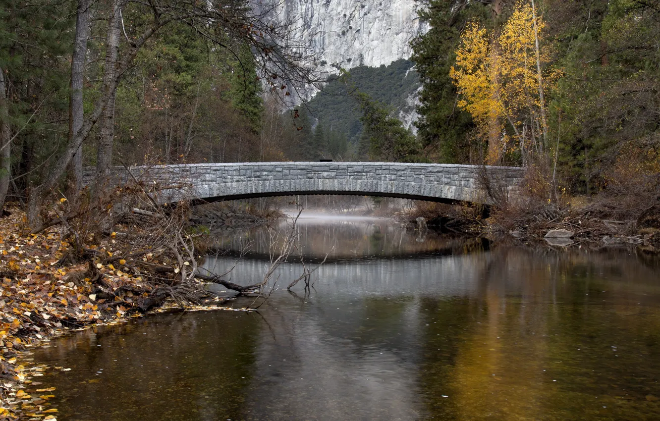 Photo wallpaper autumn, bridge, river, Yosemite Valley